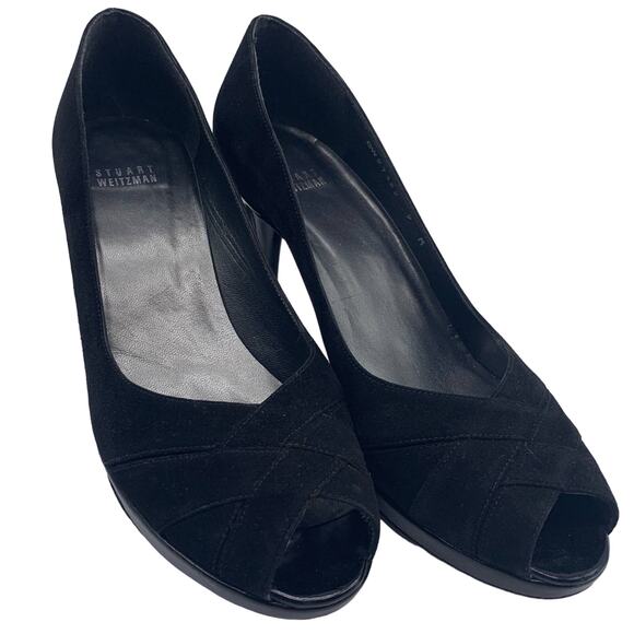 Stuart Weitzman Crisscross Woven Vamp Suede Heels Size 9M Black Peep Toe - Picture 1 of 8